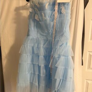 Mac Duggal light Blue Tiered tule Dress with Feather Accents